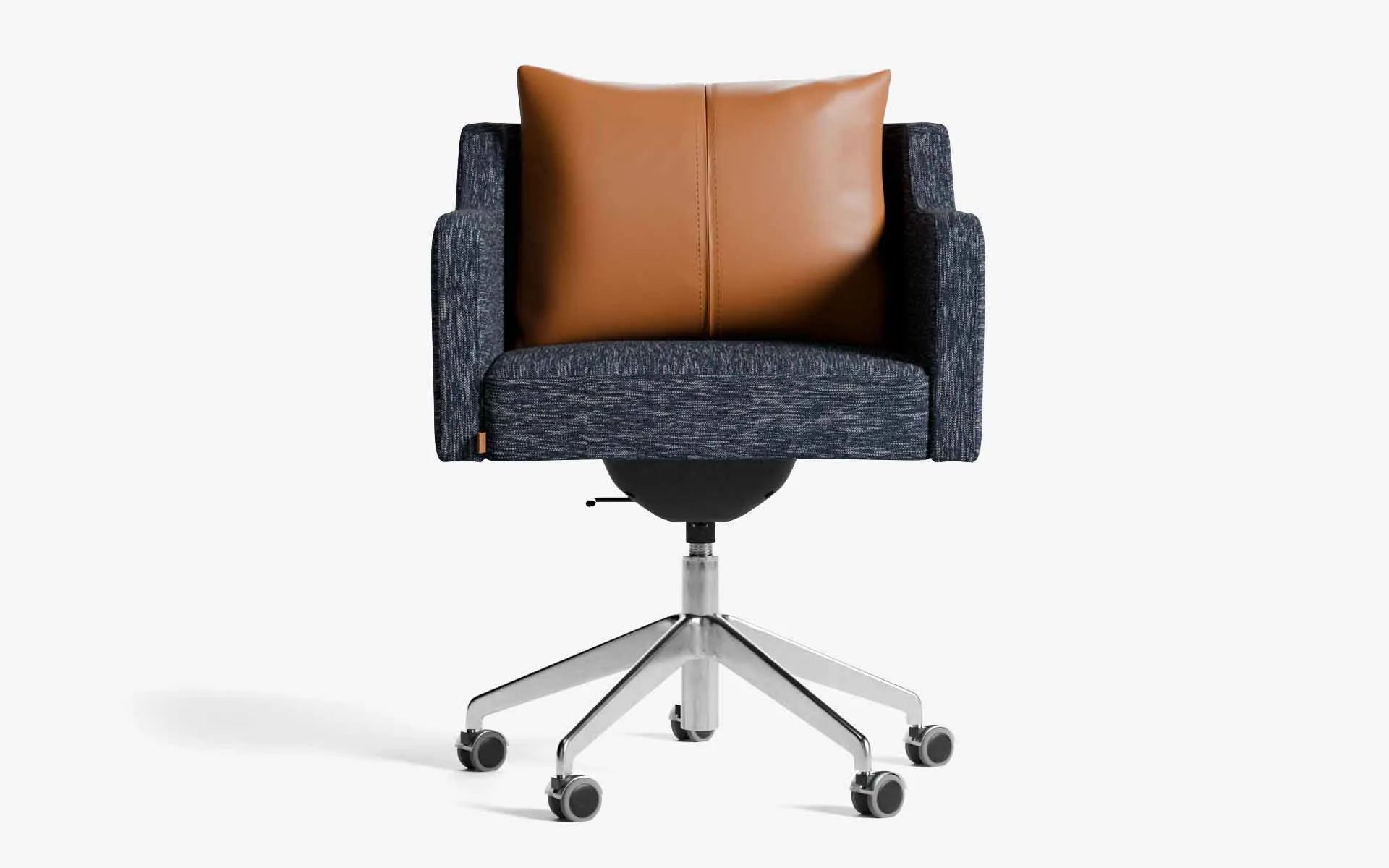 PAPILLONNE Ofis Sandalyesi Tekerlekli Mavi Keten Dokulu Krom Kahverengi Suni Deri | lagu