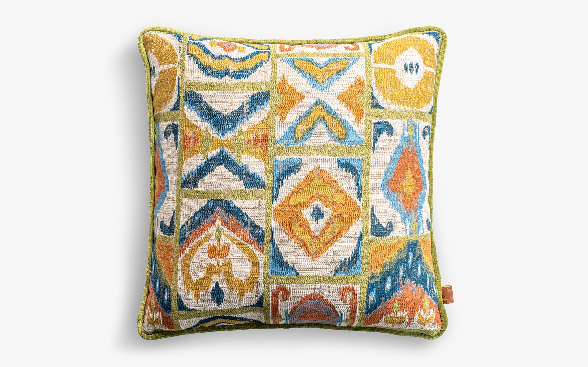 Cream-Green Patterned Ikat Small Pillow